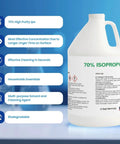 Front view of 70% isopropyl alcohol jug, label with uses in home lab and industrial settings, multipurpose cleaner, 4-gallon volume.