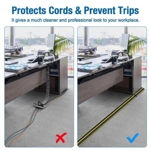 Before and after using 10 Foot Floor Cable Cover Protector Pro Grade Heavy Duty PVC Duct to prevent trips in office