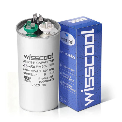 45 Plus 5uF Dual Run Start Capacitor For Heat Pumps And Air Conditioners, 370 440VAC CBB65, Round 55mm Diameter By 125mm Tall