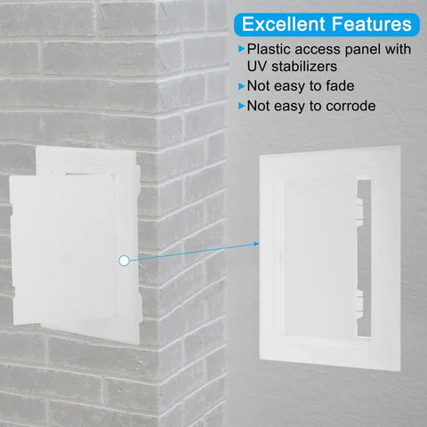 White 12X10 Inch Removable Hinged Access Panel For Drywall Plumbing And Electrical Wiring Featuring No Sweat Setup showing UV stabilizers.