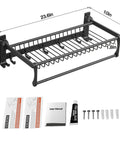 Space Saving 24 Inch Wall Mounted Towel Rack With Foldable Shelf And 7 Hooks No Assembly Required Black Bathroom Organizer.