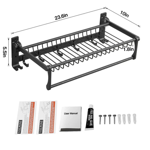 Space Saving 24 Inch Wall Mounted Towel Rack With Foldable Shelf And 7 Hooks No Assembly Required Black Bathroom Organizer.
