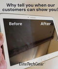 Blue microfiber cleaning cloth for screens and glasses; 12x12 inches, 4-pack; shown in a tablet before/after cleaning demo.