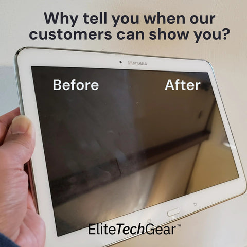 Blue microfiber cleaning cloth for screens and glasses; 12x12 inches, 4-pack; shown in a tablet before/after cleaning demo.