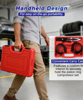 Person holding Six Piece Piston Ring Compressor Tool Set with Adjustable Rings and Installer Pliers in red carry case