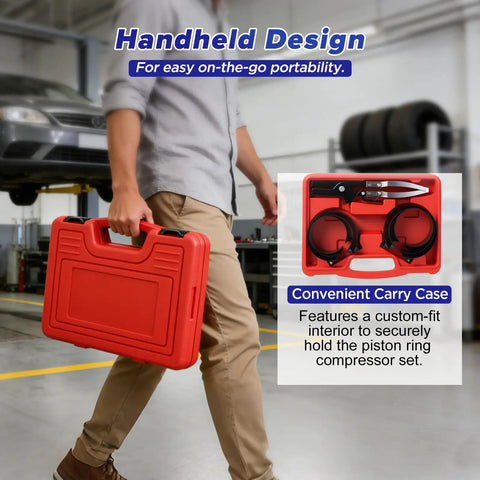 Person holding Six Piece Piston Ring Compressor Tool Set with Adjustable Rings and Installer Pliers in red carry case