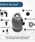 Super Quiet Garbage Disposal 1HP With Continuous Feed And Power Cord Light Gray Finish with accessories layout