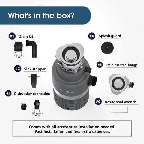 Super Quiet Garbage Disposal 1HP With Continuous Feed And Power Cord Light Gray Finish with accessories layout