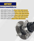 512217 Rear Wheel Bearing And Hub Assembly For 2003-2008 Pontiac Vibe, 2000-2009 Toyota Celica, Corolla, Matrix, Prius, And 2005-2010 Scion Tc With 5 Lug Bolts And ABS shown next to compatibility list.