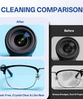 Lens wipes for eyeglasses and camera lenses; cleaning comparison showing before and after results