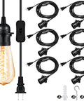 Six Piece Hanging Light Cord Kit For DIY Pendant Lamps With Inline On Off Switch And E27 Socket 15 Feet Black Wire Plug In Pendant Lamp Kit For Easy Home Lighting And Lantern Style DIY Projects, showing black cords, sockets, and accessories