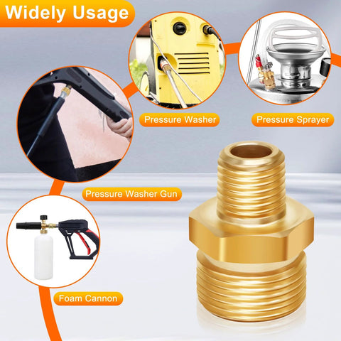 Brass high-pressure washer adapter with 1/4 NPT male and M22-14 male ends