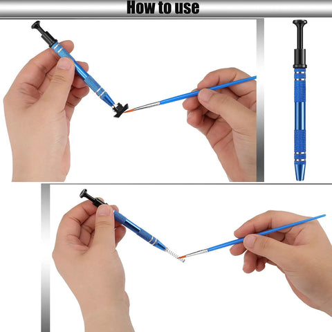 Instructions showing use of Nine Piece Keyboard Lube And Switch Extraction Kit with IC extractor and brush.