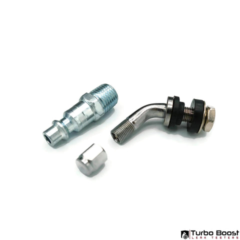 Angled view of Turbo Boost 3-inch aluminum leak tester kit: threaded adapter, 90-degree elbow with seals