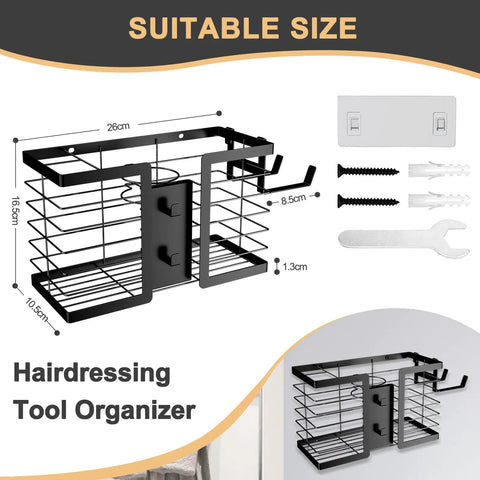 3 In 1 Metal Hair Tool Organizer Wall Mounted Holder For Hair Dryer, Flat Iron, Curling Iron, Straightener And Styling Tools, Bathroom Storage Solution In A Sleek Black Finish, shown with installation tools