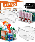 Bulk Clear Storage Bins Set Of 12 With Durable Handles And Blank Labels For Stackable Plastic Pantry Organization with various uses.