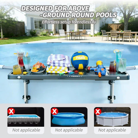 Six Cup Holder Poolside Bar Table For Folding Above Ground Pools Portable Swim Up Bar With Storage Bag shown attached to pool