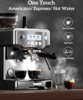 All-In-One Espresso Machine With Built-In Grinder, 58mm Portafilter, front view showing controls and brewing features