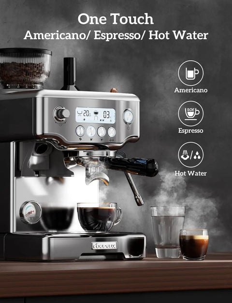 All-In-One Espresso Machine With Built-In Grinder, 58mm Portafilter, front view showing controls and brewing features