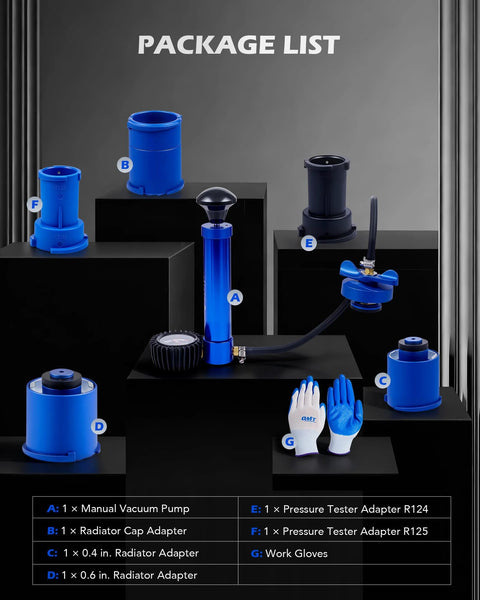 Orion Motor Tech coolant pressure tester 7pc kit with blue alum. pump, psi gauge, radiator adapters and gloves front