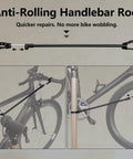 Anti-rolling handlebar rod attached to bike for stability during repairs, detail of attachment and use with Beefy Pro Grade Aluminum Bike Repair Stand
