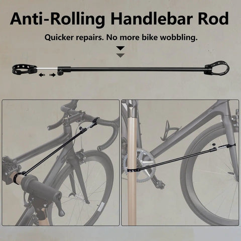 Anti-rolling handlebar rod attached to bike for stability during repairs, detail of attachment and use with Beefy Pro Grade Aluminum Bike Repair Stand