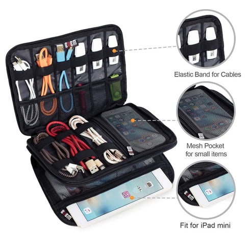 Double Layer Electronic Accessories Organizer Bag For Cables USB Drives And Gadgets Lightweight Travel Gadget Pouch With Padded Inner Compartments Fits iPad Mini And Other Small Tablets Black, showing internal compartments with cables and gadget storage