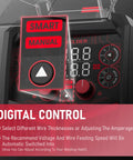 Close-up of Do It All 4 In 1 Dual Voltage 110V And 220V MIG Welder digital controls with LED display showing smart and manual modes.