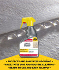 Top Shelf Water Based Grout Sealer Spray For Tile And Stone Heavy Duty Stain Shield on tiled surface, 24 oz bottle, ready to apply.