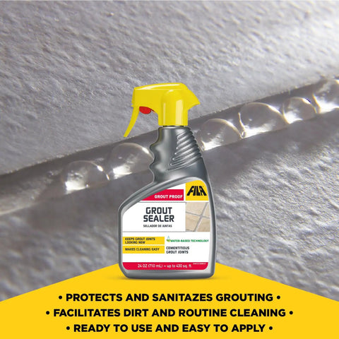 Top Shelf Water Based Grout Sealer Spray For Tile And Stone Heavy Duty Stain Shield on tiled surface, 24 oz bottle, ready to apply.