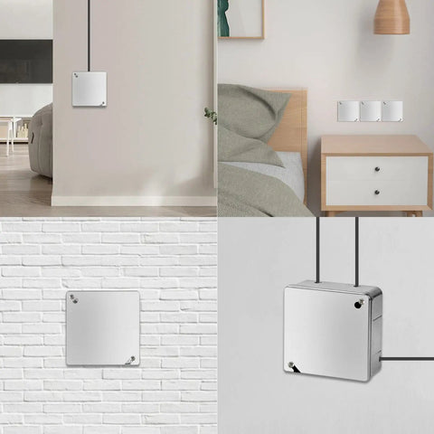 5 Pack Metal Electrical Box Cover Plates With Mounting Screws Included For 4 Inch Square And Octagonal Boxes, Heavy Galvanized Steel Blank Junction Box Covers, Durable, Easy Install, Safe And No Hassle Electrical Solutions, shown installed on white wall indoors.