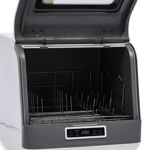 Interior view of Compact Countertop Dishwasher With Four Wash Cycles Optimized For Small Kitchens showing smart touch panel and rack.