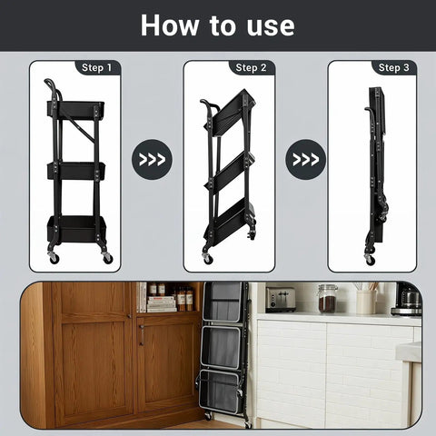 How to use 3 Tier Foldable Rolling Cart With Wheels Grab-And-Go Space Saving Utility Organizer Collapsible Metal Storage Cart with 3 tiers