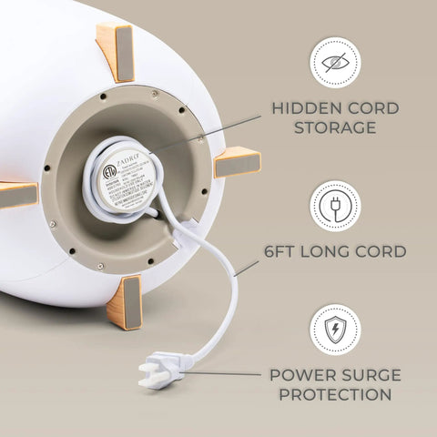 Bottom of the Big Towel Warmer Bucket with cord storage, 6ft long cord, and power surge protection features visible.