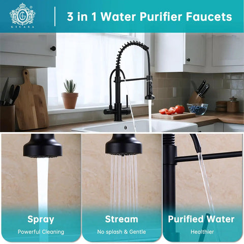 Image showcasing 3 in 1 Spring Brushed Nickel Kitchen Faucet With High Arc, Single Hole Mount, Pull Down Sprayer in kitchen