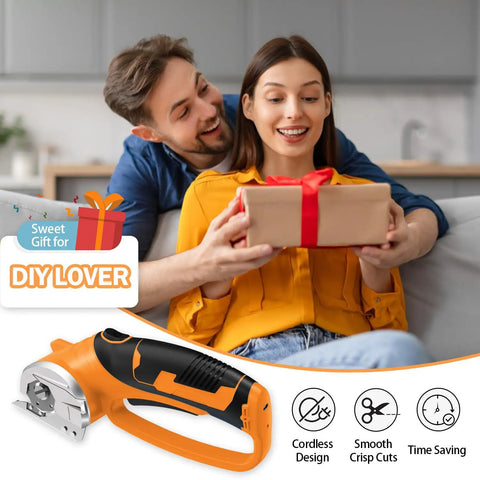 Hassle Free Cordless Electric Scissors Rechargeable Box Cutter With Led Light And Safety Lock for crafting, lightweight design shown with gift