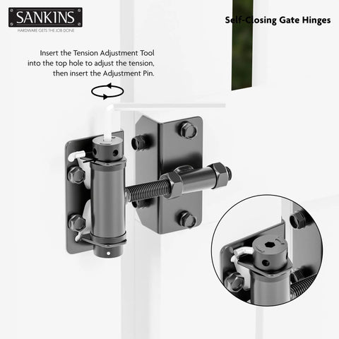 Heavy-Duty Self-Closing Gate Hinges, 90-Degree Adjustable Narrow Gate Hardware For Metal, PVC, Vinyl, And Wood Fences, Corrosion-Resistant Steel With Adjustable Tension, 2-Pack, close-up