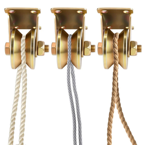 Three NouraVita 2-inch V-groove gate casters with brackets; gold housing, white rope, steel cable, tan rope