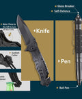 Knife and tactical pen from 13 In 1 Survival Gear Kit For Outdoorsmen Dad Gift Tactical 13 In 1 Set Includes Survival Bracelet, Pen, Compass, Flashlight And More For Camping, Hiking, Hunting, Outdoor Adventures Great Fathers Day Birthday Idea shown with features like glass breaker, self-defense utility, bottle opener, seatbelt cutter.