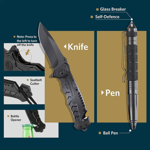 Knife and tactical pen from 13 In 1 Survival Gear Kit For Outdoorsmen Dad Gift Tactical 13 In 1 Set Includes Survival Bracelet, Pen, Compass, Flashlight And More For Camping, Hiking, Hunting, Outdoor Adventures Great Fathers Day Birthday Idea shown with features like glass breaker, self-defense utility, bottle opener, seatbelt cutter.