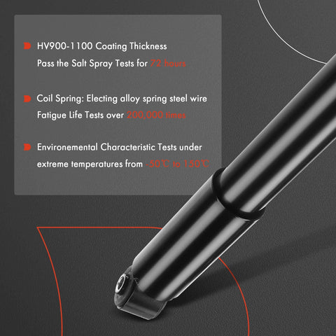 Close-up of rear shock absorber strut, showing durability tests and specifications for Hyundai Elantra 2011-2016 and other models.