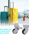 2 Pieces Luggage Wheel Replacement Kit For Suitcase Trolley Wheels DIY Repair; two grey spinner wheels in front of luggage and airplane