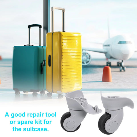 2 Pieces Luggage Wheel Replacement Kit For Suitcase Trolley Wheels DIY Repair; two grey spinner wheels in front of luggage and airplane