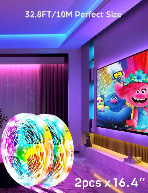 RGB LED Strip Lights 32.8Ft With 5050 LEDs Color Changing Rope Lights displayed in a vibrant living room setting