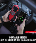 Close-up of Hassle Free Portable Tire Inflator Cordless Air Compressor 150 Psi showing digital gauge and phone charging via Type-C.
