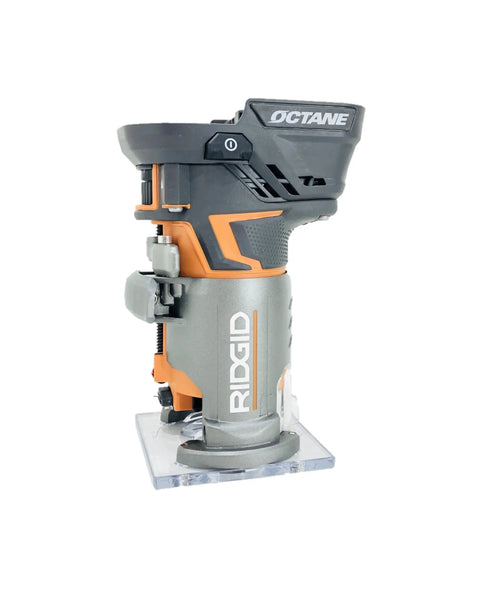 Cordless Brushless OCTANE Fixed Base Router 18 Volt Power Tool With One Quarter Inch Bit, shown with round base.