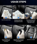 Usage steps for Toyota Leather Repair Kit 8-Piece Leather And Vinyl Scratch Restorer; gloves, cleaner, restorer applied to seat.