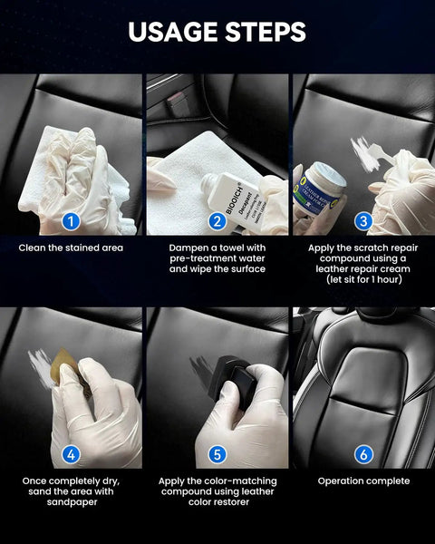 Usage steps for Toyota Leather Repair Kit 8-Piece Leather And Vinyl Scratch Restorer; gloves, cleaner, restorer applied to seat.