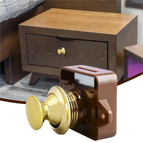 Rugged RV Push Latch Set for Drawer and Cabinet shown with metal button lock and wooden drawer in the background.