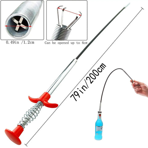 79 Inch Flexible Drain Snake Clog Remover For Toilet, Sewer, Shower, Kitchen And Bathroom Drains, spring steel tool with grabber claw.